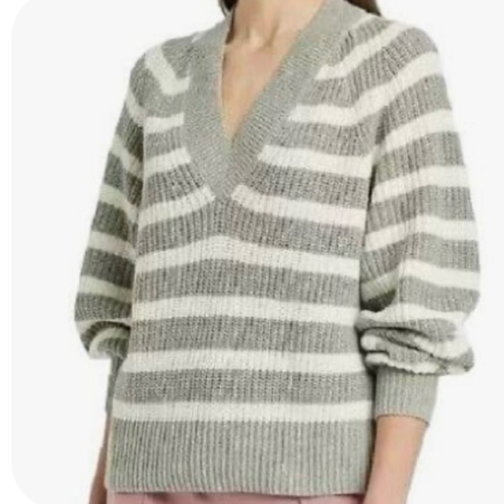 A New Day Grey And White Striped V Neck Sweater Size Large